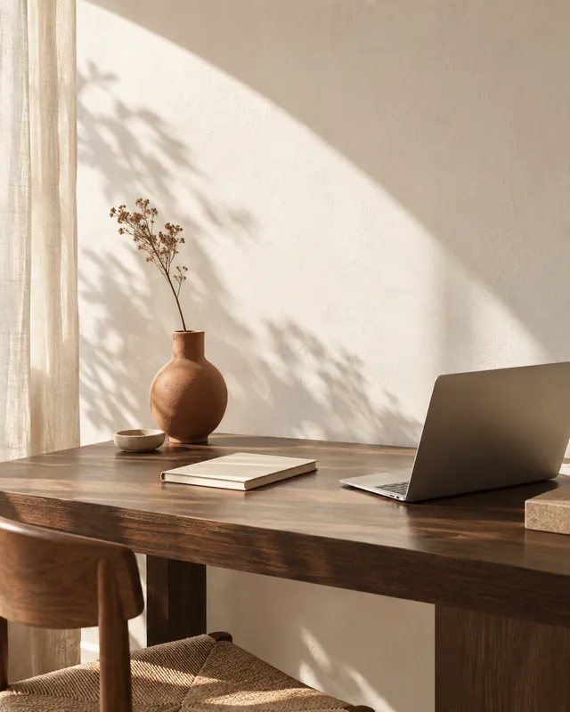 Ambiente de trabalho com mesa organizada e luz natural